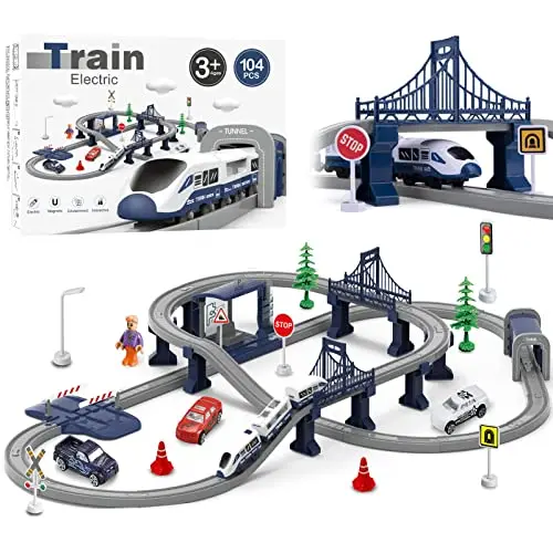 Wdmiya Tren Eléctrico para Niños de 3 4 5 6 7 8 Años, Juego de Tren 104 Piezas, Pista Flexible con Vehículos de Construcción, Juego Educativo Pistas de Coche, Regalo Niños Navidad Cumpleaños