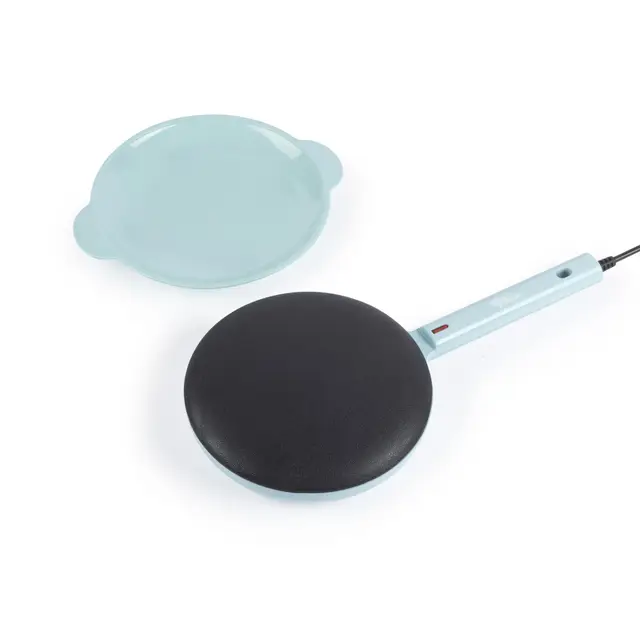 Giles & Posner Handheld Pancake Maker – Placa de aluminio de 20 cm, recubrimiento antiadherente sin PFAS, luces indicadoras de listo, con asa, tazón para masa, 600W, azul