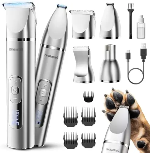oneisall 4 en 1 Silencioso Maquina cortar pelo perros y Gatos, Impermeable IPX7 Cortapelos Perros, Profesional Maquina de Cortar pelo Perro&Cortapatas&Pulidora para Cuerpo, Patas, Ojos, Orejas y Cara