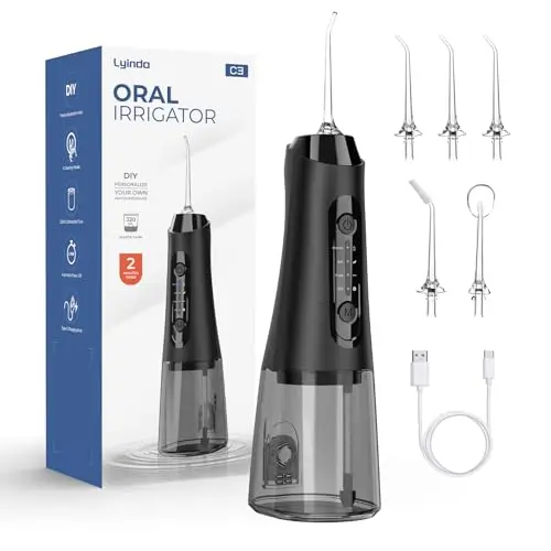 Irrigador Dental Eléctrico Portátil, 320ML Profesional Water Flosser, 4 Modos 5 Boquillas Irrigador Eléctrico Oral, IPX7 Impermeable Irrigador Dental, Hogar y Viaje, Negro