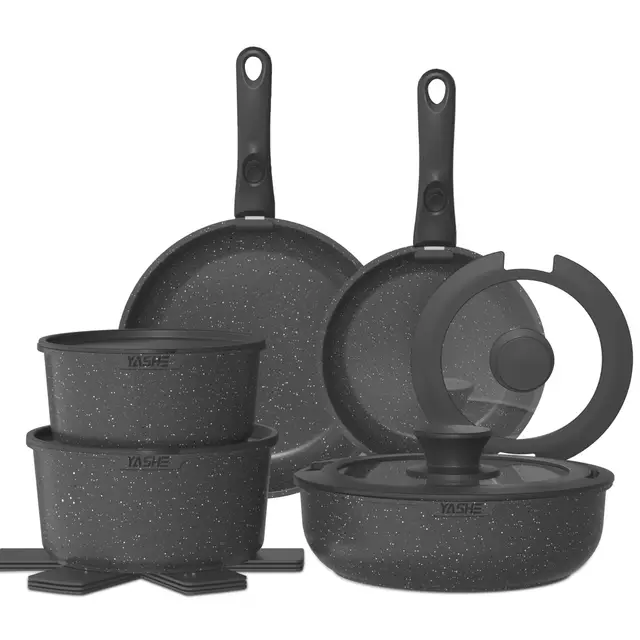 YASHE Juego de ollas y sartenes 15 piezas, revestimiento antiadherente granito, mangos desmontables, apilable, fácil de limpiar, compatible con inducción, gas y vitrocerámica, Blanco