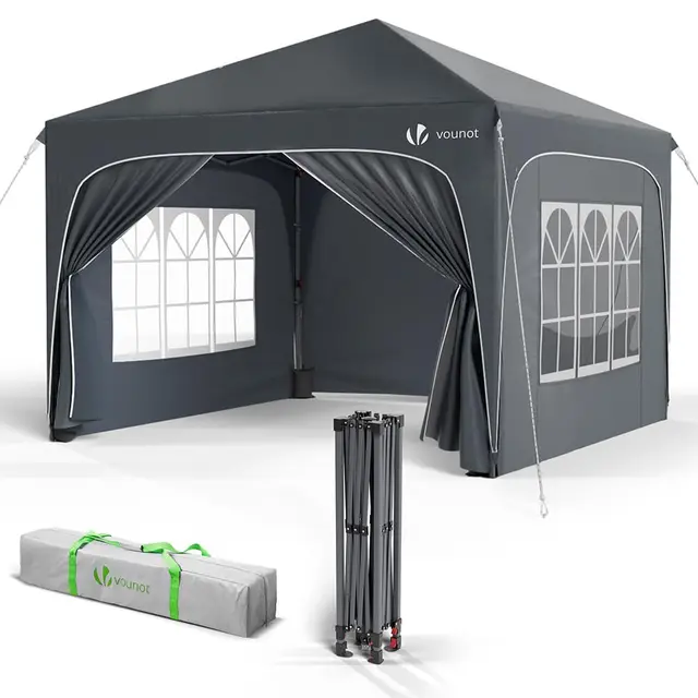 VOUNOT® Carpa Plegable Gazebo 3x3m con 4 Paredes Laterales 4 Sacos Arena y Bolsa de Transporte, Cenador Impermeable Pabellón de Jardín Protección UV para Camping, Fiestas, Exterior, Color Gris