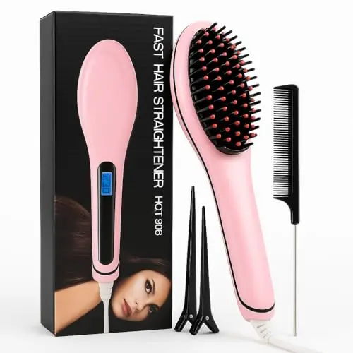Cepillo Alisador Pelo Profesional 2 en 1 con Ionización y Pantalla LCD, Temperatura 80°C-230°C, Peine con 2 Pinzas, Plancha de pelo y Cepillo Secador de Pelo para un Acabado Suave y Brillante