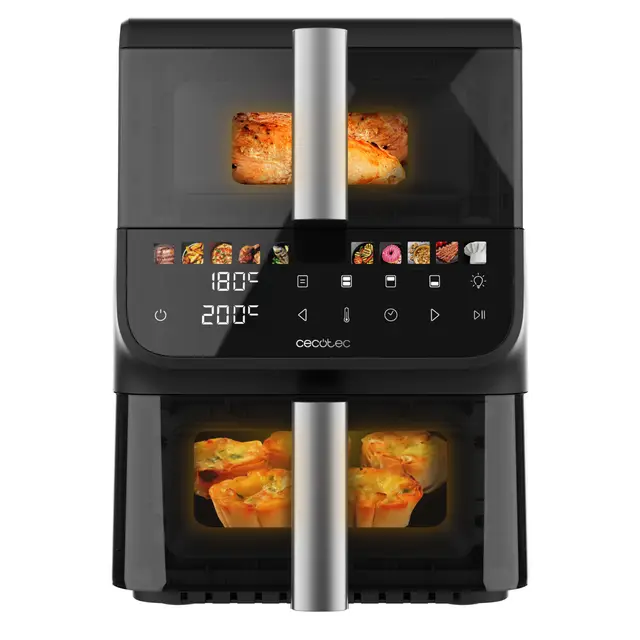 Cecotec Freidora de Aire 10L - AirFryer - Cecofry DuoLevel 10000 DuoSize Window. 2000W, Diseño Vertical, Cubetas 3,5 y 6,5L, Ventana para Ver sin Perder Calor, Sync, 10 Menús, Ahorra Espacio