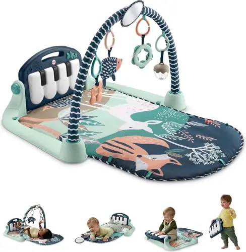 Fisher-Price Gimnasio-Piano pataditas Alfombra de Juego para bebés con Juguetes Musicales y sensoriales para recién Nacidos y niños pequeños, Azul Marino y Beige, JMN75