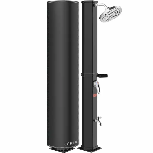 CASARIA® Ducha Solar Exterior 35 litros Agua Caliente máx. 60 °C Bandeja Cabezal Tipo Lluvia Cubierta Protectora Resistente Rayos UV Grifo Conexión de Manguera
