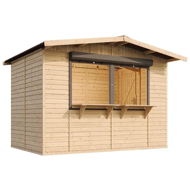 Caseta de Jardín de Madera con Piso, Mostrador y Puerta 263x336cm/6m2, Puesto de Mercado, Gran Bar de Madera al Aire Libre de Jardín, Puesto de Jardin Venta, Kiosko Bar, Kiosco Eventos TIMBELA M150Z