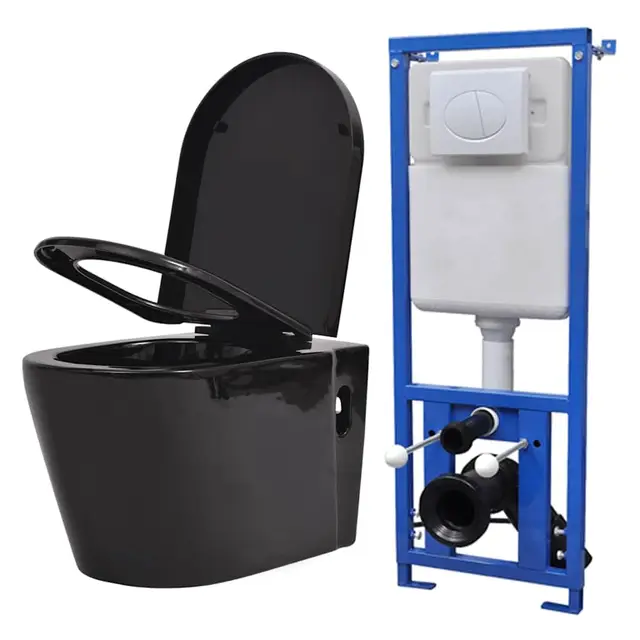 vidaXL Inodoro Colgando de Pared y Cisterna Oculta Cerámica Negro Váter WC