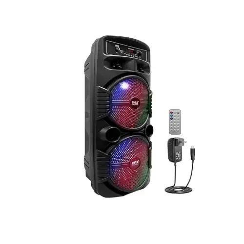 Pyle Sistema de Altavoces, PA, 600W, Bluetooth, Portatil, Recargable, Interiores, Exteriores, Subwoofer de 8”, Tweeter de 1”, función de grabación, micrófono, Luces de Fiesta, Radio USB/SD, Negro