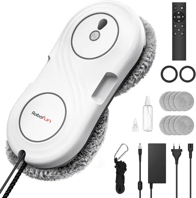 Robot Limpiacristales, Limpia Cristales Eléctrico Ventanas 7000Pa, Doble Sistema de Pulverización, Diseño Ultrafino 63mm, Protección Anticaídas, para Limpieza Automática De Ventanas, WD12D, Blanco