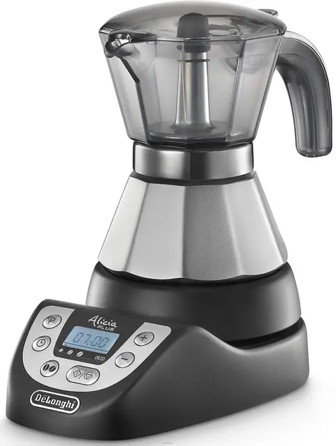 DeLonghi EMKP 21.B Cafetera moka eléctrica, 450 W, cronómetro, 2 tazas, acero inoxidable, negro y plateado