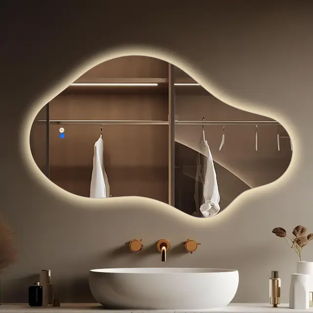 Espejo de baño LED irregular con luces, espejo de tocador LED asimétrico de 20 x 36 pulgadas para pared, espejo inteligente sin marco, 3 colores y luz regulable, horizontal/vertical
