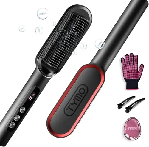TYMO Cepillo Alisador de Pelo, RING PLUS Cepillo Plancha Ionico, 9 Temperaturas, 120°C-210°C, Pantalla LED, Anti Encrespamiento, Doble Voltaje, Hair Straightener Brush, Negro
