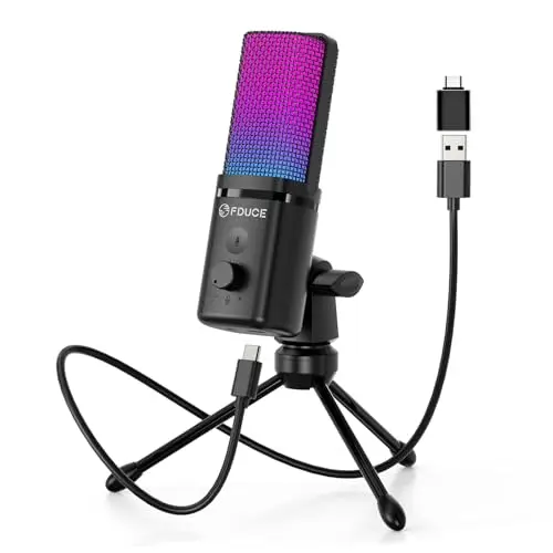 FDUCE Micrófono USB para Juegos, micrófono de Condensador RGB con trípode, Ajuste de Volumen y función de botón de Silencio, para Juegos, Podcasting, Streaming, Youtube