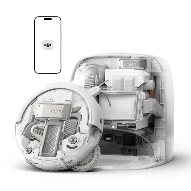 Robot Aspirador y mopa dji Romo P con diseño Transparente, succión de 25 000 Pa, detección a Nivel de dron, 200 días de Funcionamiento sin Mantenimiento y soluciones de fregado Personalizables