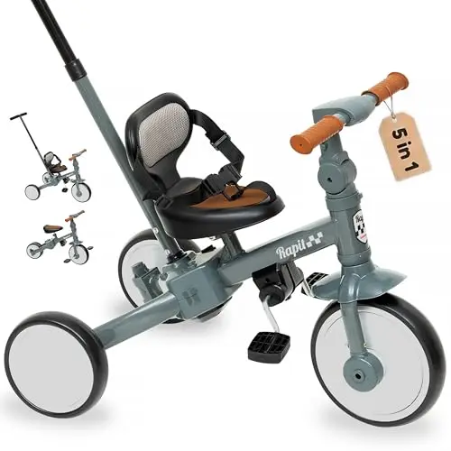 Interbaby Triciclo Evolutivo Bebé 5 en 1 | Triciclo Bebé 1 Año Convertible en Bicicleta sin Pedales | Bici Bebé y Correpasillos 1-5 Años | Ajustable, Transformable y Estable (Gris)
