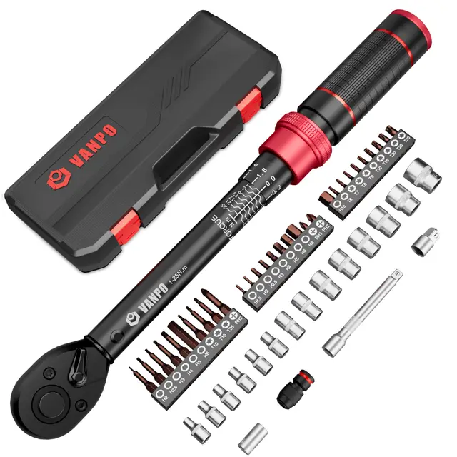 VANPO Llave Dinamométrica 1/4", 1-25Nm Llave de Torque, Precisión ±3%, 49 Piezas Juego Llaves Vaso con 75mm Barra de Extensión, Vasos, 1/4"-3/8" Adaptador, Bits Adapter para Bicicleta, Moto
