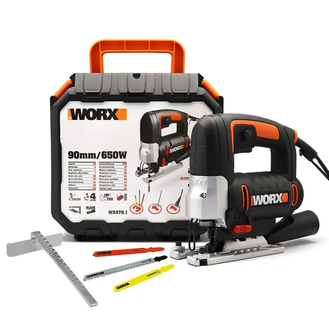 WORX WX478.1 Sierra de Calar 650W con Péndulo 4 Posiciones, Corte en Madera 90mm y Metal 8mm, Cambio Rápido Cuchilla, Soplador, Maletín Incluido