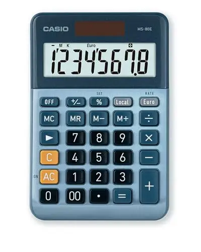 Casio MS-80E - Calculadora de Escritorio con Pantalla Extra-Grande de 8 dígitos, con energía Solar/batería, con cálculo avanzado de Porcentaje, conversión de Moneda en Euros, Azul