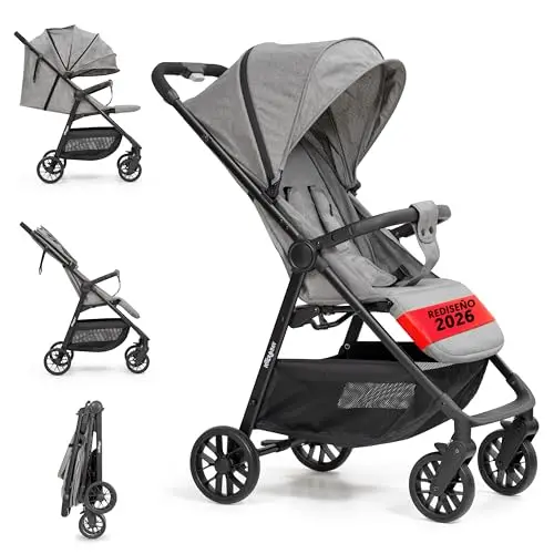 Interbaby - Silla de Paseo Ligera Bebé hasta 22 kg, Carrito Bebé Plegado Automático con una Mano, Respaldo Reclinable, Capota XXL, Suspensión 4 Ruedas, Cochecito Bebé (Gris)