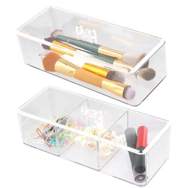Acrílico Organizador Maquillaje 2Pcs, Organizadores de Maquillaje Apilables 1+3 Compartimento, Organizador de Cajones Transparente con Tapa para Sombras Ojos, Polvos, Lápiz Labial, Cepillo Cosmético