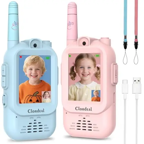 Video Walkie Talkie Niños Largo Alcance Recargable, Juguetes Niño y Niña 3-12 Años, Pantalla LCD 2", Videollamada, 6 Efectos Voz, Cámara, 23 Emoticonos, Azul Rosa, Pack de 2