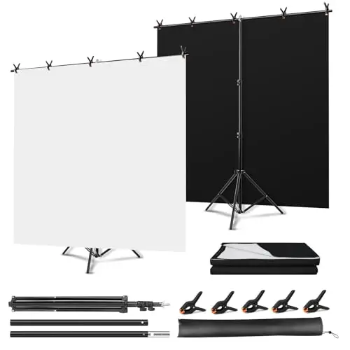 Kit Fondo Fotográfico Reversible Negro y Blanco 150 x 200 cm con Soporte en T y 5 Pinzas, para Fotos, Vídeos, Retratos, Streaming y Decoración de Fiestas