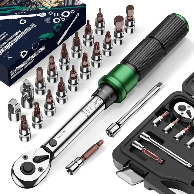 Llave Dinamometrica Bicicleta, Llaves de Carraca 1/4 Pulgadas 2-24 Nm, Carraca Reversible de 72 Dientes, Precisión de ± 3% de Error, Lncluye Adaptador de 3/8", Puntas Phillips Hex y Torx.