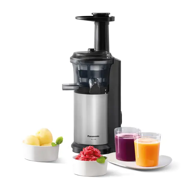 Panasonic Slow Juicer MJ-L500SXE, Exprimidora Eléctrico de Frutas y Verduras, 150 W, Acero Inoxidable y Plástico, Diseño Elegante y Delgado, Accesorio Para Ingredientes Congelados, Gris