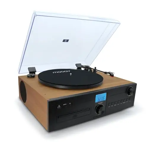 Mooov 477365 - Microcadena HiFi Estéreo 50W con Tocadiscos, Reproductor CD, Bluetooth, Radio FM, USB, AUX-IN, RCA, Mando a Distancia | Equipo de Música Compacto con Sonido Potente y Diseño Elegante