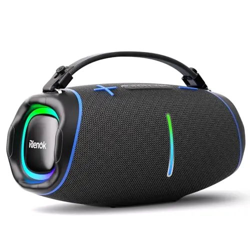 RIENOK Altavoz Bluetooth Potente 100W Portátil 30H con 2 Tweeters 2 Woofers Impermeable IPX6 Luces RGB Bluetooth 5.3 Inalámbrica Emparejamiento Estéreo Apoya 128G Tarjeta TF, AUX, Memoria USB