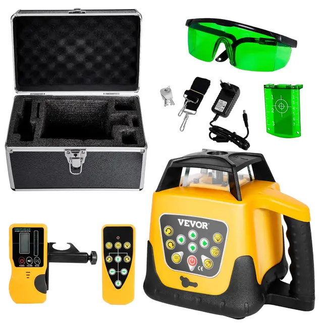 VEVOR Kit de Nivel Láser Giratorio, Haz Verde, Alcance 500 m, Inclinación Ajustable, Giro de 360 Grados, Autonivelación, Ángulo de Escaneo Flexible, Precisión, con Receptor de Control Remoto