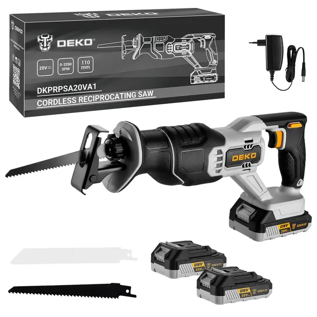 20V Sierra Sable Inalámbrica, DEKOPRO Sierra Sable Batería con 2 baterías de 2,0 Ah y 2 hojas de sierra, 0-3200 SPM, luz LED, Cambio de Hoja sin Herramientas, Para Cortar Madera y metal