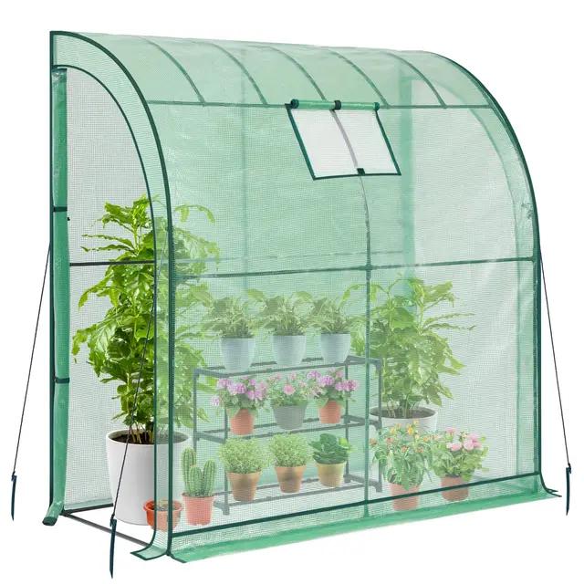 Ohuhu - Invernadero adjunto con toldo de invierno y estante de 3 niveles gratuito, invernadero de plástico con malla de rejilla resistente a los rayos UV para macetas 200x100x210 cm Verde