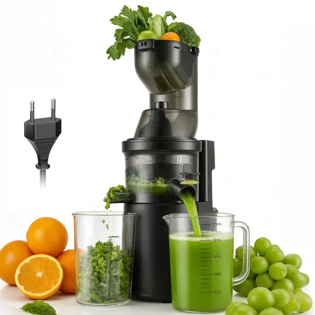 Exprimidor Lento 500W,Licuadora Eléctrica con Boquilla de Alimentación de 125mm,Exprimidor de Verduras y Frutas para Frutas Enteras y Verduras,Libre de BPA con 2 Recipientes,Cepillo y Recetas de Jugos