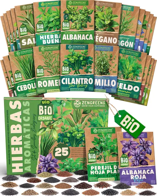 ZenGreens® - Set de semillas de hierbas aromáticas eco - 25 variedades para cultivar fácilmente en el jardín, balcón o parterre elevado - Sementes verduras