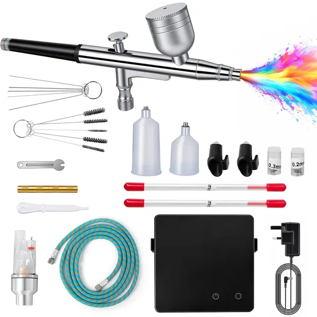 Kit de Aerógrafo con Compresor de 40 PSI de Doble Acción con 3 Tamaños de Boquilla (0,2/0,3/0,5 mm) para Modelismo, Maquillaje, Pintura de Coche