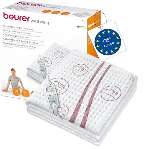 Colchoneta térmica Beurer UB 90 Comfort con dos zonas de temperatura y 9 niveles de temperatura cada una, con reinicio automático y control ecológico, 150 x 80 cm, lavable a máquina, 75 vatios