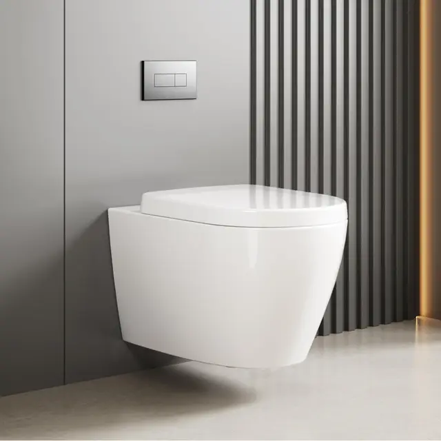 Inodoro colgante sin bordes, de cerámica con tapa de inodoro, dispositivo de descenso automático, técnica de descarga eficiente, forma de D, largo 55,5 cm, color blanco