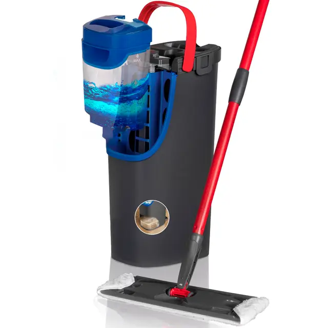 Vileda H2Pro Sistema de mopa Plana | Agua Limpia y Sucia separadas | Escurrido con una Mano | Almacenaje Compacto | Microfibra Gris y Azul