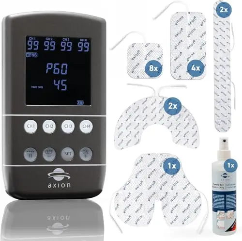 Electroestimulador de 4 canales STIM-PRO X9B axion® | 60 Programas de TENS, EMS, Masajes y Suelo Pélvico | 99 niveles de intensidad, electrodos especiales, cargador USB-C y spray de limpieza