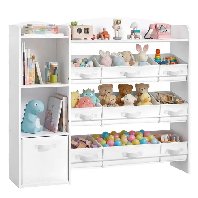 SONGMICS Estantería para Juguetes Infantiles, Estilo Montessori, 2 Compartimentos Abiertos, 9 Cestas, 1 Cajón, para Habitación Infantil, 30 x 113,1 x 104 cm, Blanco Nube GKR061WB01