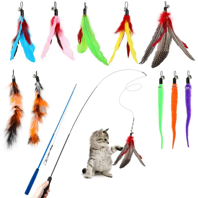 Hianjoo Juguete Pluma de Gato Interactivo 12 Piezas para Gatito | 2 Varitas Divertidas Retráctiles y 10 Teaser de Plumas de Repuesto con Campana Receptor Que se Divierte Jugando al Ejercicio