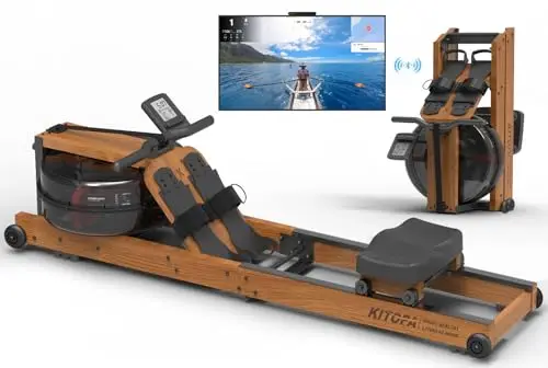 Kitopa Máquina de Remo para Gimnasio en casa, máquina de Remo Plegable de Madera de Roble con Monitor Bluetooth y Soporte Ajustable para teléfono, máquina de Remo de Agua con Capacidad de Peso de 200