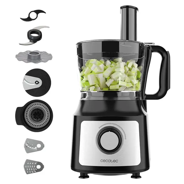 Cecotec Procesador de Alimentos FoodProcessor Comino 1000 Max. 1000W, 2 Velocidades, Bowl 2L, Exprimidor Zumos, 3 Discos Corte: para Picar, Rebanar y Amasar, Disco para Cremas, Acero Inoxidable