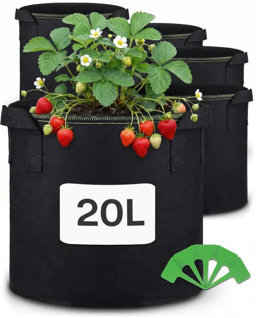 Praknu Bolsa de Cultivo para Plantas 20L - 5 Bolsas para Plantar de Tela no Tejida con Etiquetas - con Asa - Maceta Geotextil para Hierbas, Flores, Fresa