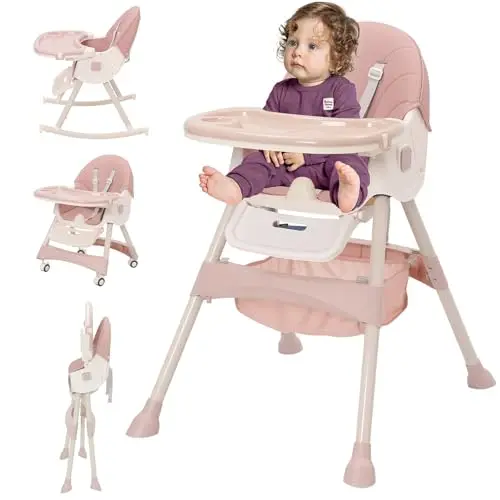 Trona Bebé Evolutiva 3 en 1, Plegable, Reclinable, Doble Bandeja Desmontable, con Ruedas Universales, 3 Respaldos Ajustables y Cinturón de Seguridad de 5 Puntos, Para Bebés a partir de 6 Meses, Rosa