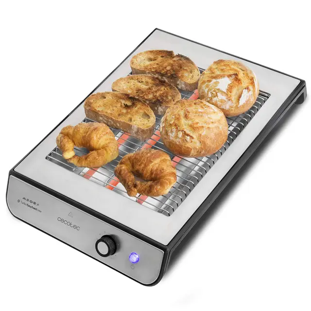 Cecotec Tostador Plano Horizontal Turbo Easy Toast Inox. 900 W de Potencia en 6 Niveles, 3 Resistencias de Cuarzo, Bandeja Recogemigas, Hueco Recogecables, Acabados en Acero Inoxidable