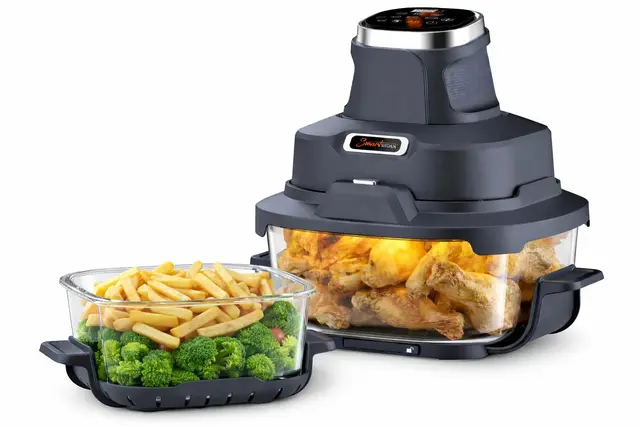 Smart Kitchen Freidora de aire caliente de cristal 4 en 1 – Air Fryer para hornear, Recrisp & Max Crisp – 4 L + 1,5 L Turbo Tower por recipiente de cristal – Compacto y portátil – Negro