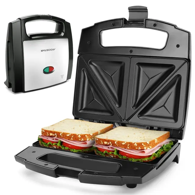 Aigostar Lamo - Sandwichera, 800W, Revestimiento Antiadherente, Libre de BPA, Placas con Forma Triangular, Indicador LED, Asa de Tacto Frío, Almacenamiento Vertical, Color Acero y Negro